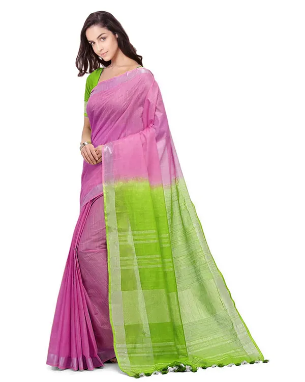 Fine_Pink_&_Apple_Green_women's_Bhagalpuri_Handloom_Ethnic_Wear_Linen_Two_Dye_Saree_With_Running_Unstitched_Blouse_Piece