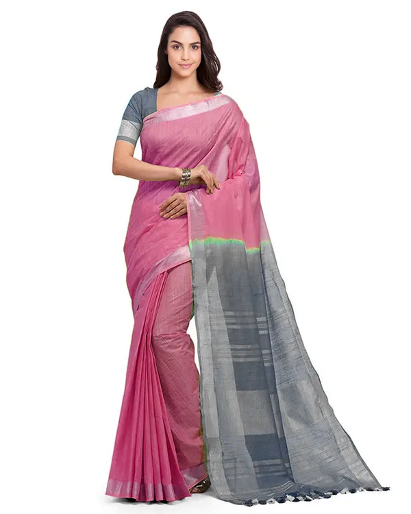 Flamingo_Pink_&_Grey_women's_Bhagalpuri_Handloom_Ethnic_Wear_Linen_Two_Dye_Saree_With_Running_Unstitched_Blouse_Piece