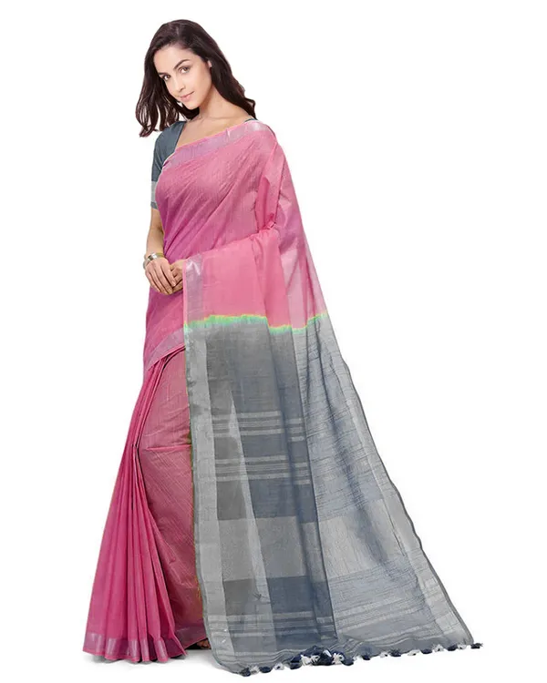 Flamingo_Pink_&_Grey_women's_Bhagalpuri_Handloom_Ethnic_Wear_Linen_Two_Dye_Saree_With_Running_Unstitched_Blouse_Piece