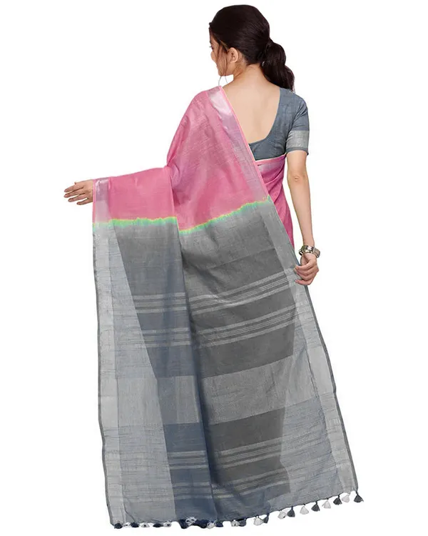 Flamingo_Pink_&_Grey_women's_Bhagalpuri_Handloom_Ethnic_Wear_Linen_Two_Dye_Saree_With_Running_Unstitched_Blouse_Piece