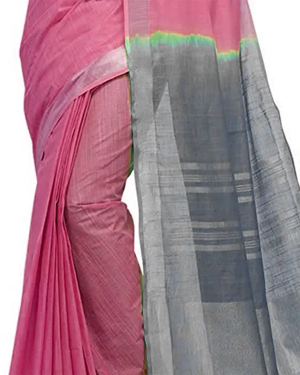 Flamingo_Pink_&_Grey_women's_Bhagalpuri_Handloom_Ethnic_Wear_Linen_Two_Dye_Saree_With_Running_Unstitched_Blouse_Piece