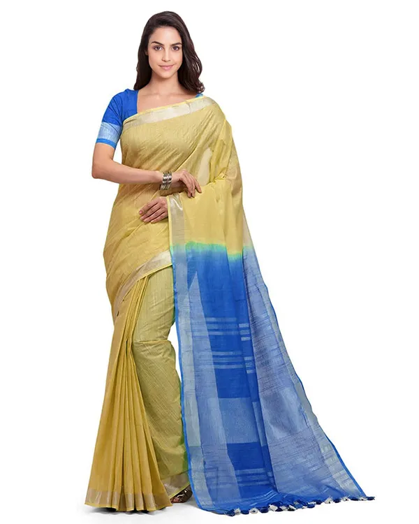 Jasmine_Tan_&_Azure_Cyan_women's_Bhagalpuri_Handloom_Ethnic_Wear_Linen_Two_Dye_Saree_With_Running_Unstitched_Blouse_Piece