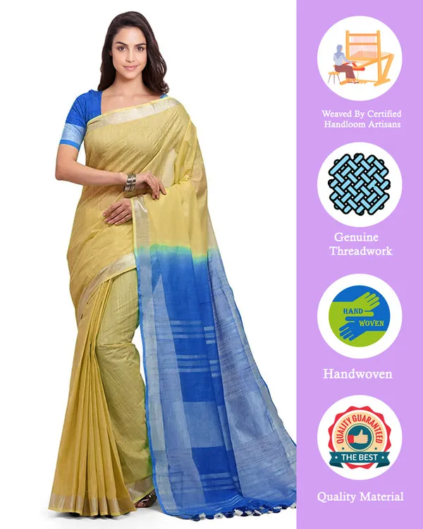 Jasmine_Tan_&_Azure_Cyan_women's_Bhagalpuri_Handloom_Ethnic_Wear_Linen_Two_Dye_Saree_With_Running_Unstitched_Blouse_Piece