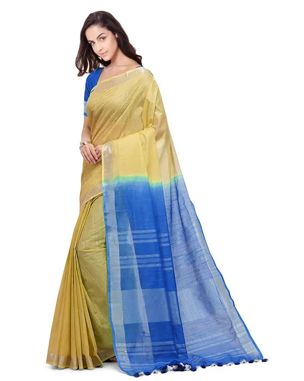 Jasmine_Tan_&_Azure_Cyan_women's_Bhagalpuri_Handloom_Ethnic_Wear_Linen_Two_Dye_Saree_With_Running_Unstitched_Blouse_Piece