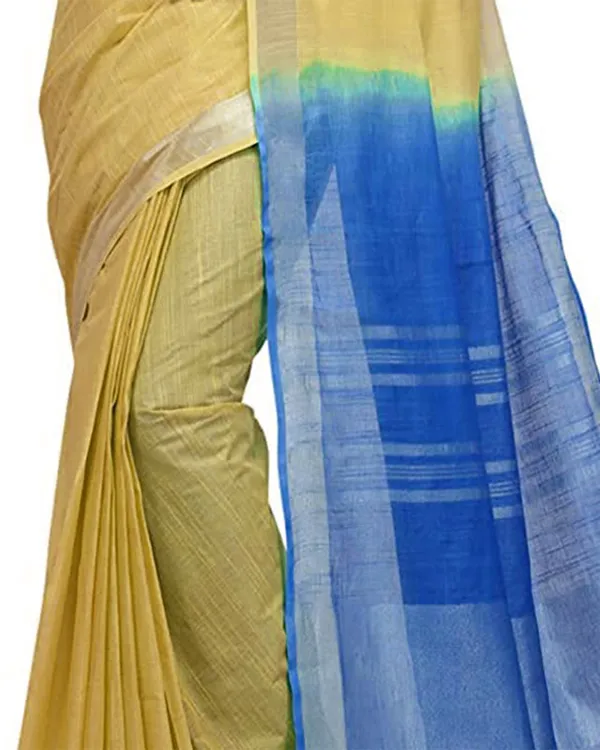 Jasmine_Tan_&_Azure_Cyan_women's_Bhagalpuri_Handloom_Ethnic_Wear_Linen_Two_Dye_Saree_With_Running_Unstitched_Blouse_Piece