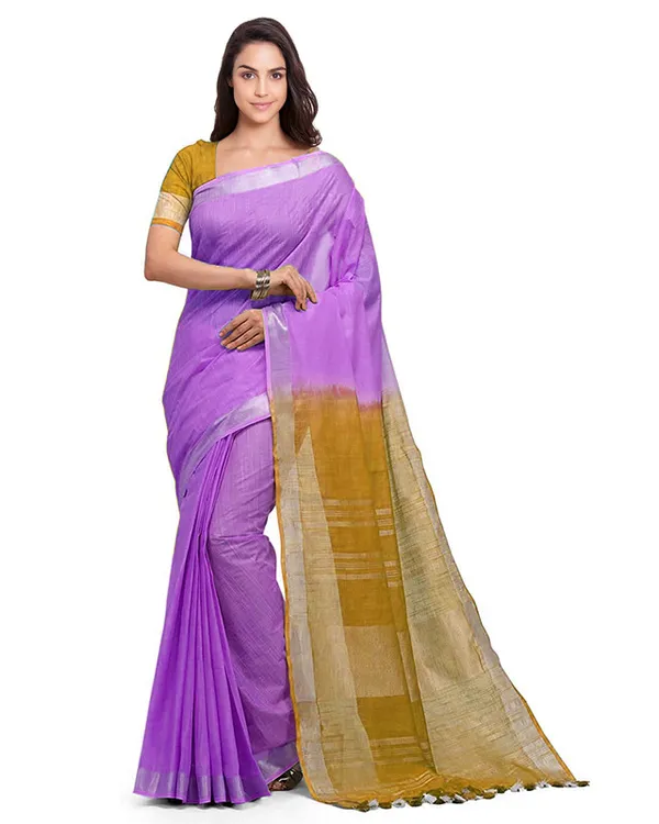 Lilac_Purple_&_Golden_Brown_women's_Bhagalpuri_Handloom_Ethnic_Wear_Linen_Two_Dye_Saree_With_Running_Unstitched_Blouse_Piece