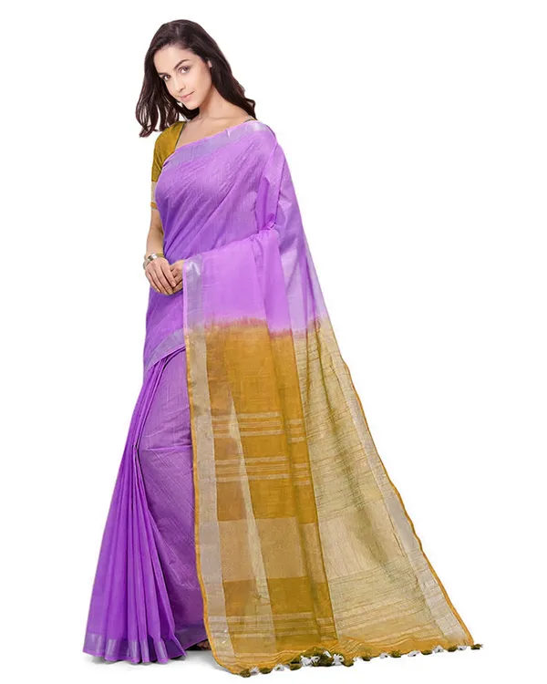 Lilac_Purple_&_Golden_Brown_women's_Bhagalpuri_Handloom_Ethnic_Wear_Linen_Two_Dye_Saree_With_Running_Unstitched_Blouse_Piece