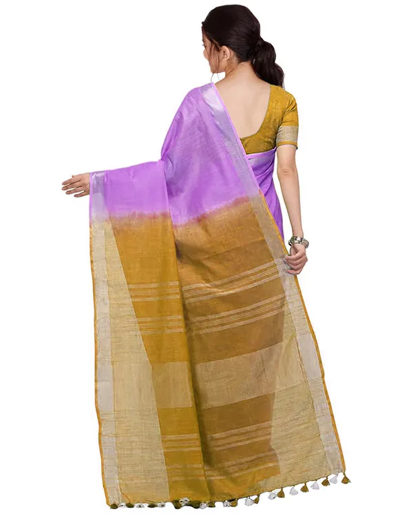 Lilac_Purple_&_Golden_Brown_women's_Bhagalpuri_Handloom_Ethnic_Wear_Linen_Two_Dye_Saree_With_Running_Unstitched_Blouse_Piece