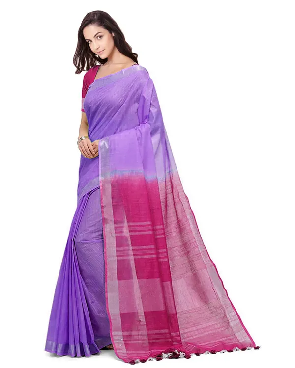 Lilac_Purple_&_Raspberry_Pink_women's_Bhagalpuri_Handloom_Ethnic_Wear_Linen_Two_Dye_Saree_With_Running_Unstitched_Blouse_Piece