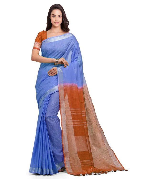 Neon_Blue_&_Mohangni_Orange_women's_Bhagalpuri_Handloom_Ethnic_Wear_Linen_Two_Dye_Saree_With_Running_Unstitched_Blouse_Piece