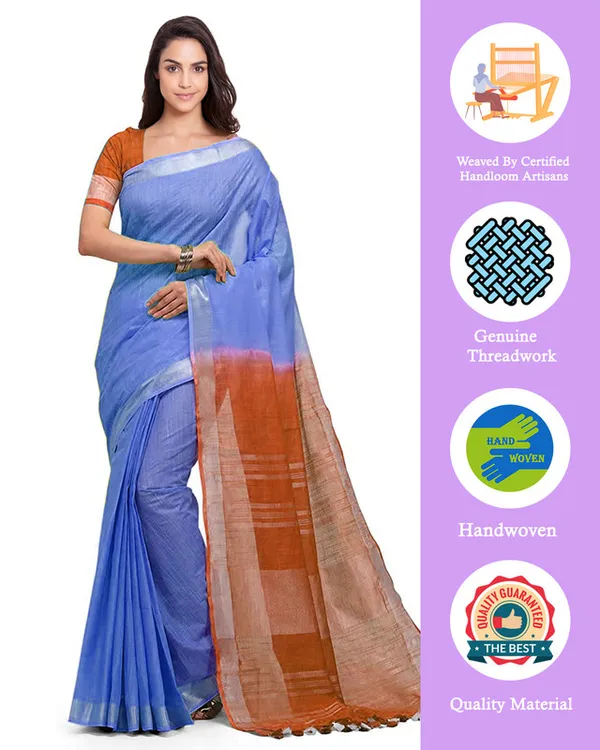 Neon_Blue_&_Mohangni_Orange_women's_Bhagalpuri_Handloom_Ethnic_Wear_Linen_Two_Dye_Saree_With_Running_Unstitched_Blouse_Piece