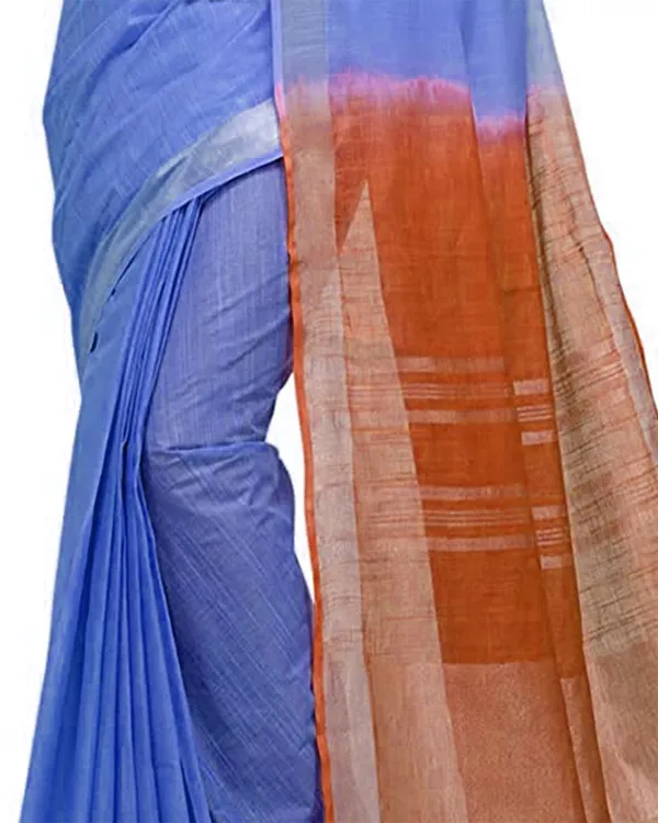 Neon_Blue_&_Mohangni_Orange_women's_Bhagalpuri_Handloom_Ethnic_Wear_Linen_Two_Dye_Saree_With_Running_Unstitched_Blouse_Piece