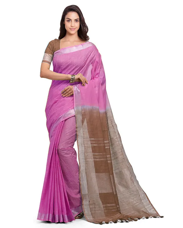 Neon_Pink_&_Brown_women's_Bhagalpuri_Handloom_Ethnic_Wear_Linen_Two_Dye_Saree_With_Running_Unstitched_Blouse_Piece