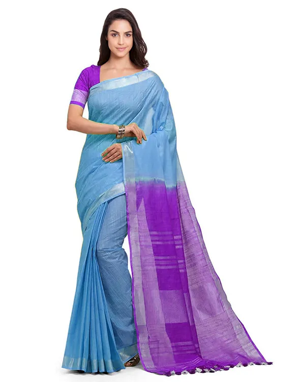 Pacific_Cyan_&_French_Violet_women's_Bhagalpuri_Handloom_Ethnic_Wear_Linen_Two_Dye_Saree_With_Running_Unstitched_Blouse_Piece