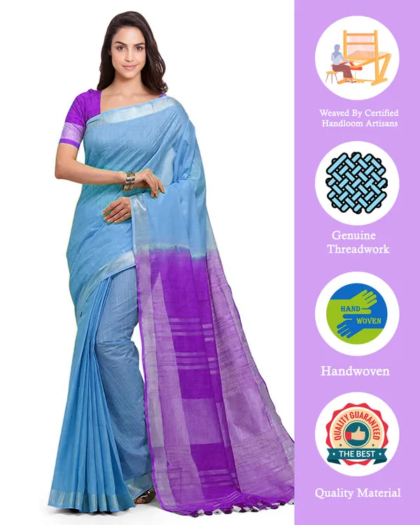 Pacific_Cyan_&_French_Violet_women's_Bhagalpuri_Handloom_Ethnic_Wear_Linen_Two_Dye_Saree_With_Running_Unstitched_Blouse_Piece
