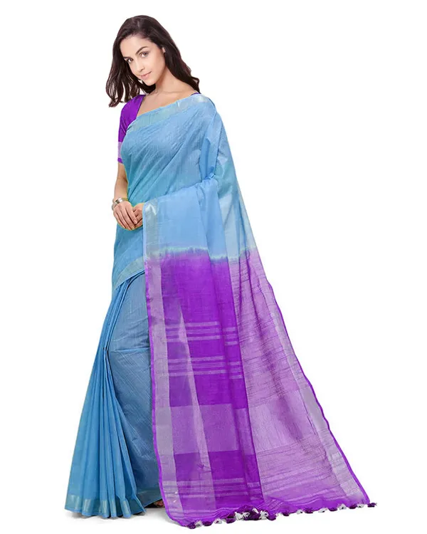 Pacific_Cyan_&_French_Violet_women's_Bhagalpuri_Handloom_Ethnic_Wear_Linen_Two_Dye_Saree_With_Running_Unstitched_Blouse_Piece
