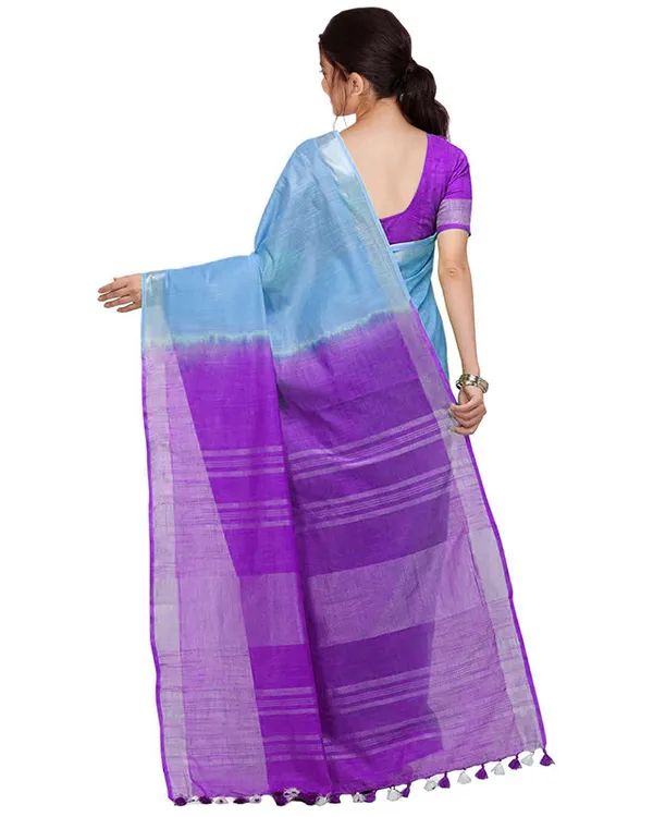 Pacific_Cyan_&_French_Violet_women's_Bhagalpuri_Handloom_Ethnic_Wear_Linen_Two_Dye_Saree_With_Running_Unstitched_Blouse_Piece