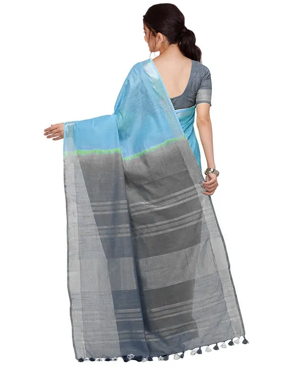 Process_Cyan_&_Grey_women's_Bhagalpuri_Handloom_Ethnic_Wear_Linen_Two_Dye_Saree_With_Running_Unstitched_Blouse_Piece
