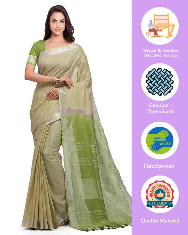 Saplin_Tan_&_Moss_Green_women's_Bhagalpuri_Handloom_Ethnic_Wear_Linen_Two_Dye_Saree_With_Running_Unstitched_Blouse_Piece