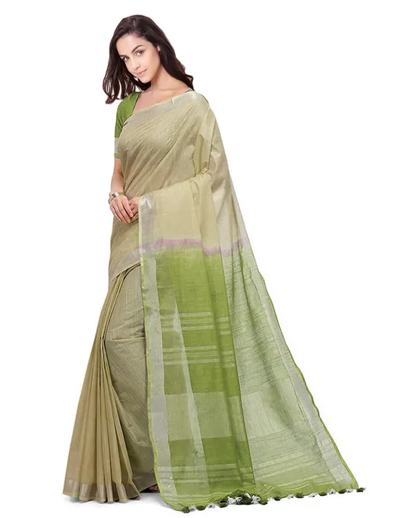 Saplin_Tan_&_Moss_Green_women's_Bhagalpuri_Handloom_Ethnic_Wear_Linen_Two_Dye_Saree_With_Running_Unstitched_Blouse_Piece