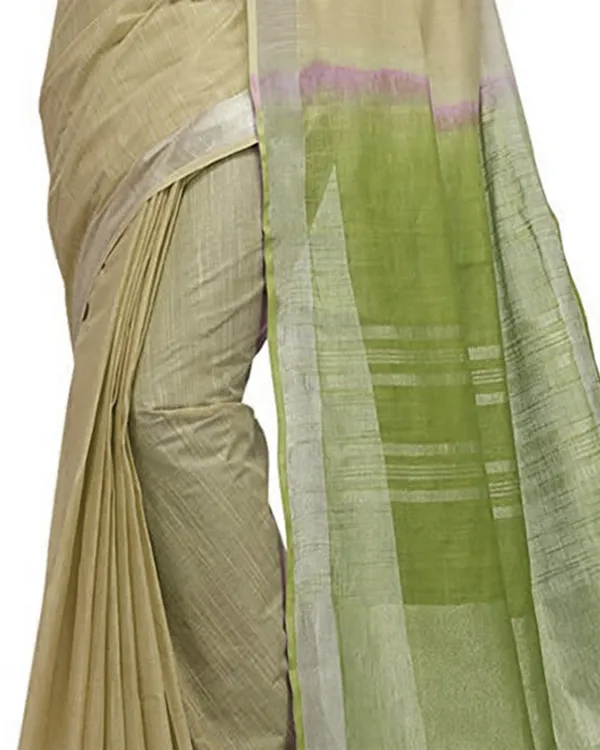 Saplin_Tan_&_Moss_Green_women's_Bhagalpuri_Handloom_Ethnic_Wear_Linen_Two_Dye_Saree_With_Running_Unstitched_Blouse_Piece