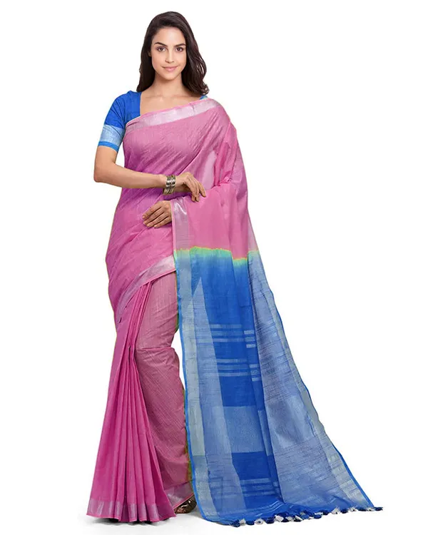 Thulian_Pink_&_Azure_Cyan_women's_Bhagalpuri_Handloom_Ethnic_Wear_Linen_Two_Dye_Saree_With_Running_Unstitched_Blouse_Piece