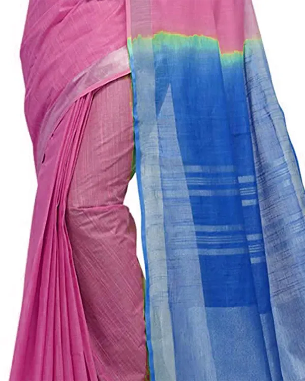 Thulian_Pink_&_Azure_Cyan_women's_Bhagalpuri_Handloom_Ethnic_Wear_Linen_Two_Dye_Saree_With_Running_Unstitched_Blouse_Piece