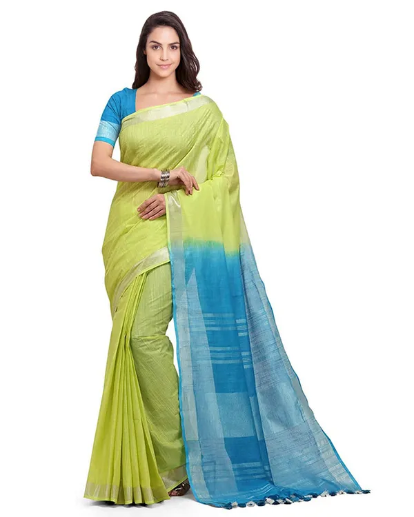 Chartreuse_Yellow_&_Capri_Cyan_women's_Bhagalpuri_Handloom_Linen_Cotton_Blend_Two_Dye_Saree_With_Running_Unstitched_Blouse_Piece