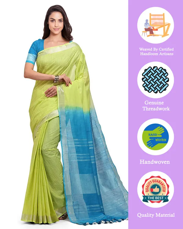 Chartreuse_Yellow_&_Capri_Cyan_women's_Bhagalpuri_Handloom_Linen_Cotton_Blend_Two_Dye_Saree_With_Running_Unstitched_Blouse_Piece