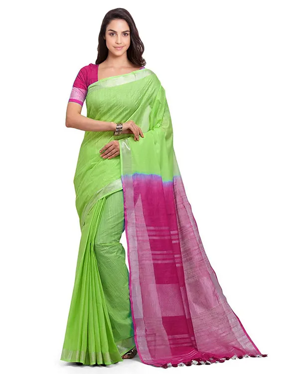 Chartreuse_Green_&_Raspberry_Pink_women's_Bhagalpuri_Handloom_Linen_Cotton_Blend_Two_Dye_Saree_With_Running_Unstitched_Blouse_Piece