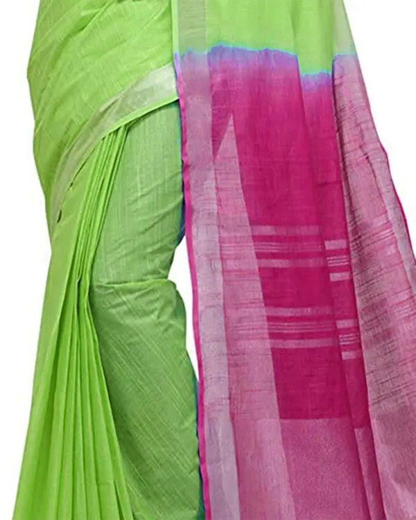 Chartreuse_Green_&_Raspberry_Pink_women's_Bhagalpuri_Handloom_Linen_Cotton_Blend_Two_Dye_Saree_With_Running_Unstitched_Blouse_Piece