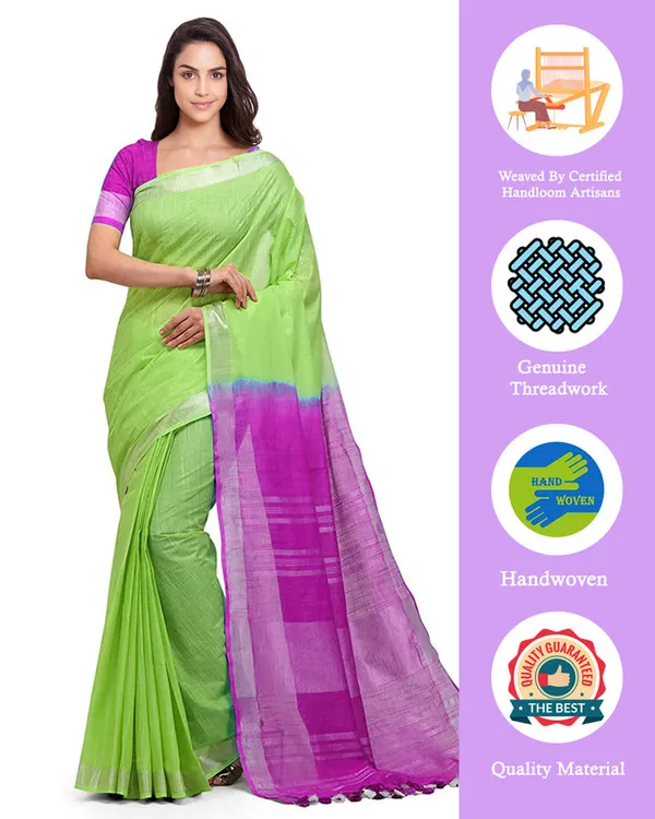 Chartreuse_Green_&_Wild_Strawberry_women's_Bhagalpuri_Handloom_Linen_Cotton_Blend_Two_Dye_Saree_With_Running_Unstitched_Blouse_Piece