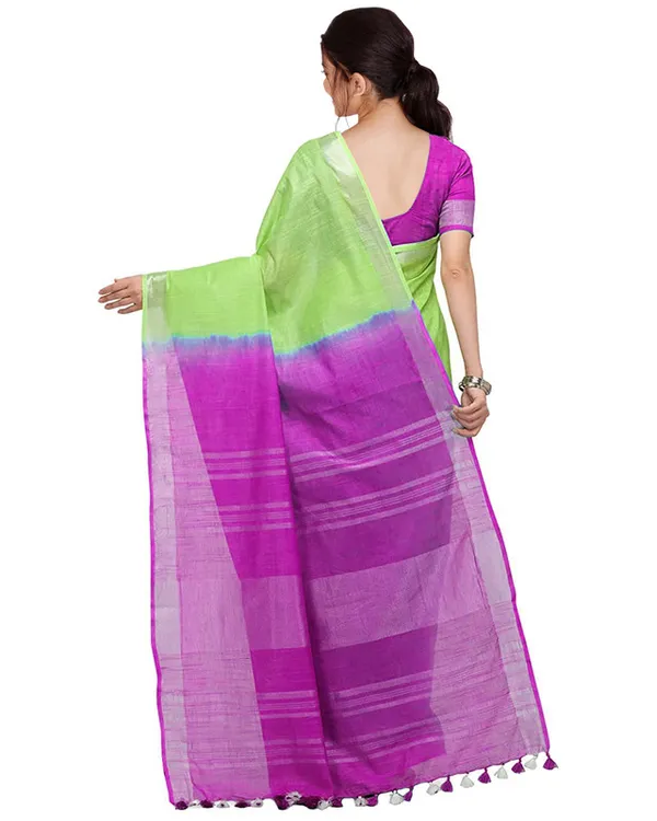 Chartreuse_Green_&_Wild_Strawberry_women's_Bhagalpuri_Handloom_Linen_Cotton_Blend_Two_Dye_Saree_With_Running_Unstitched_Blouse_Piece