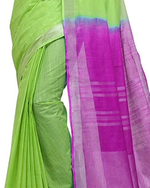 Chartreuse_Green_&_Wild_Strawberry_women's_Bhagalpuri_Handloom_Linen_Cotton_Blend_Two_Dye_Saree_With_Running_Unstitched_Blouse_Piece