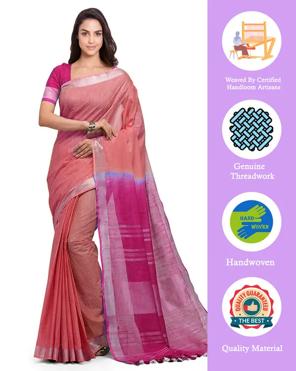 Coral_Orange_&_Raspberry_Pink_women's_Bhagalpuri_Handloom_Linen_Cotton_Blend_Two_Dye_Saree_With_Running_Unstitched_Blouse_Piece