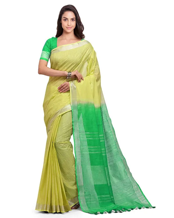 Daisy_Yellow_&_Honerdew_Green_women's_Bhagalpuri_Handloom_Linen_Cotton_Blend_Two_Dye_Saree_With_Running_Unstitched_Blouse_Piece