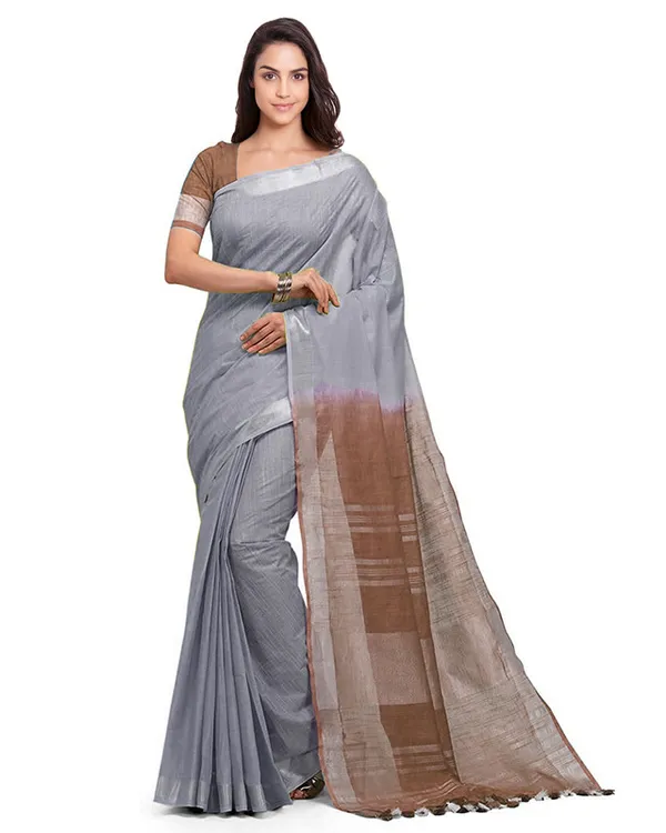 Grey_&_Brown_women's_Bhagalpuri_Handloom_Linen_Cotton_Blend_Two_Dye_Saree_With_Running_Unstitched_Blouse_Piece