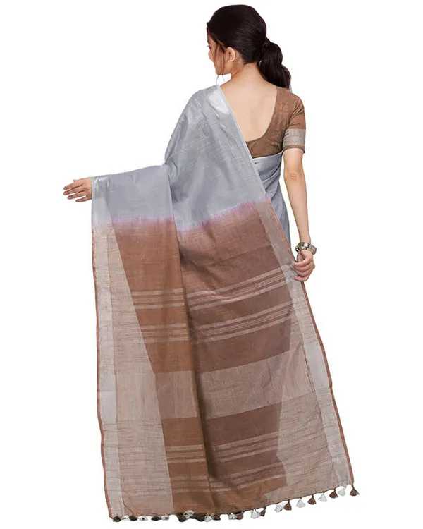 Grey_&_Brown_women's_Bhagalpuri_Handloom_Linen_Cotton_Blend_Two_Dye_Saree_With_Running_Unstitched_Blouse_Piece