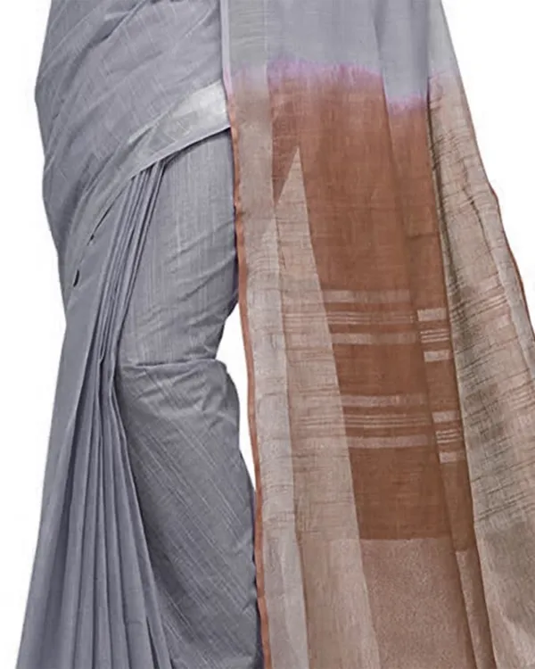 Grey_&_Brown_women's_Bhagalpuri_Handloom_Linen_Cotton_Blend_Two_Dye_Saree_With_Running_Unstitched_Blouse_Piece