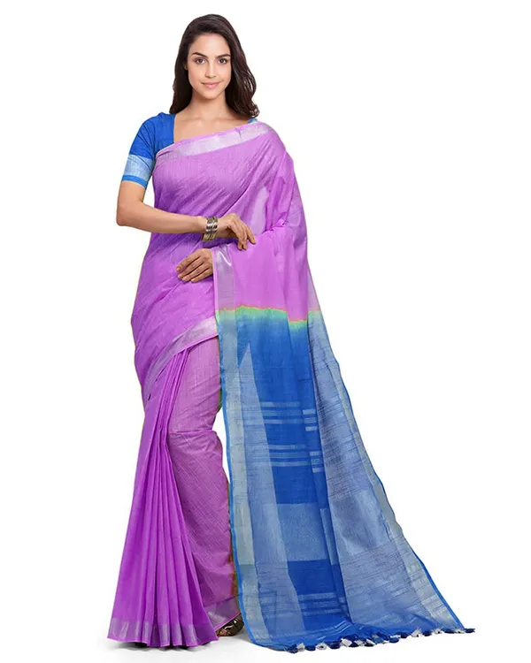 Heliotrope_Pink_&_Azure_Cyan_women's_Bhagalpuri_Handloom_Linen_Cotton_Blend_Two_Dye_Saree_With_Running_Unstitched_Blouse_Piece