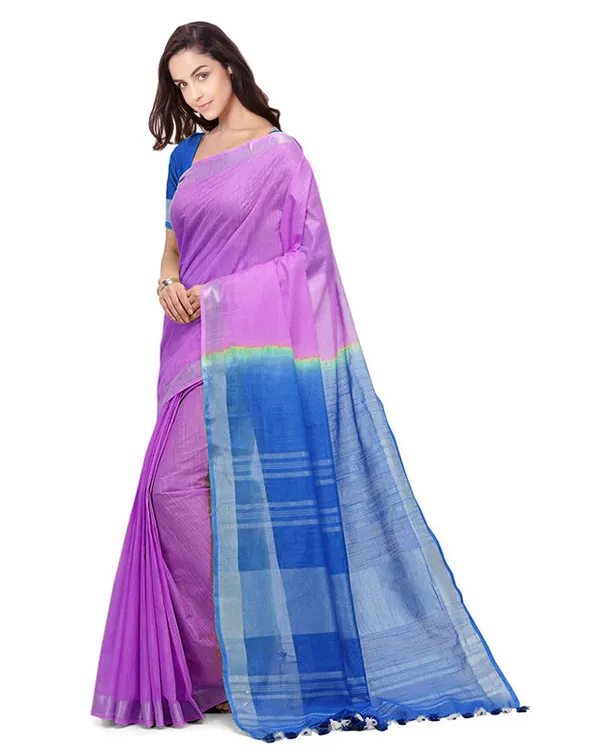 Heliotrope_Pink_&_Azure_Cyan_women's_Bhagalpuri_Handloom_Linen_Cotton_Blend_Two_Dye_Saree_With_Running_Unstitched_Blouse_Piece