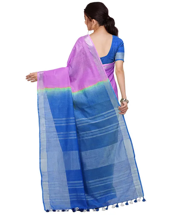 Heliotrope_Pink_&_Azure_Cyan_women's_Bhagalpuri_Handloom_Linen_Cotton_Blend_Two_Dye_Saree_With_Running_Unstitched_Blouse_Piece