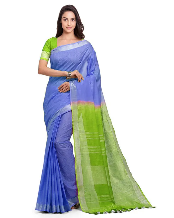 Iris_Blue_&_Apple_Green_women's_Bhagalpuri_Handloom_Linen_Cotton_Blend_Two_Dye_Saree_With_Running_Unstitched_Blouse_Piece
