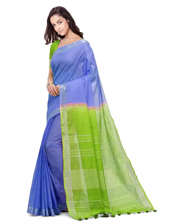 Iris_Blue_&_Apple_Green_women's_Bhagalpuri_Handloom_Linen_Cotton_Blend_Two_Dye_Saree_With_Running_Unstitched_Blouse_Piece