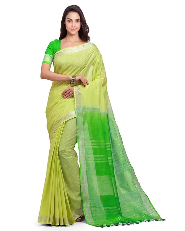 Lime_Green_&_Kelly_Green_women's_Bhagalpuri_Handloom_Linen_Cotton_Blend_Two_Dye_Saree_With_Running_Unstitched_Blouse_Piece