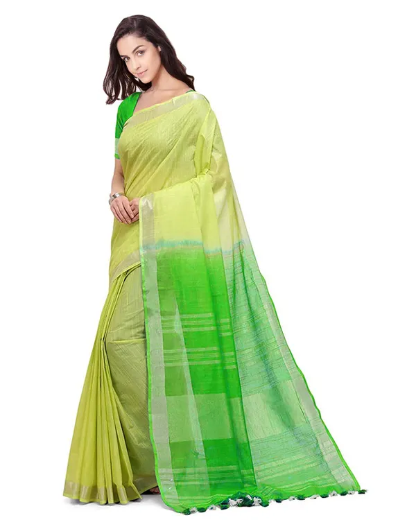 Lime_Green_&_Kelly_Green_women's_Bhagalpuri_Handloom_Linen_Cotton_Blend_Two_Dye_Saree_With_Running_Unstitched_Blouse_Piece