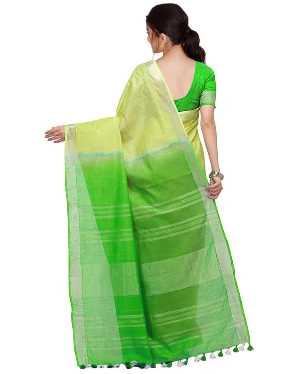 Lime_Green_&_Kelly_Green_women's_Bhagalpuri_Handloom_Linen_Cotton_Blend_Two_Dye_Saree_With_Running_Unstitched_Blouse_Piece