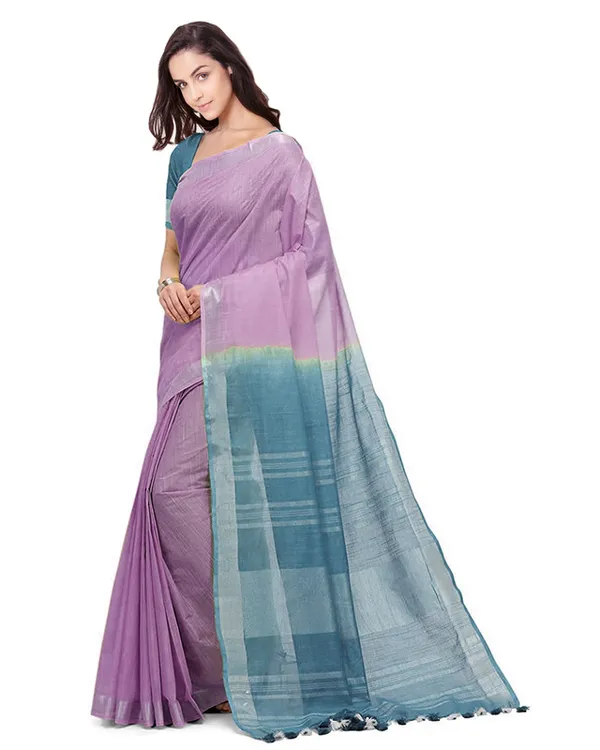 Mauve_Purple_&_Cerulean_Blue_women's_Bhagalpuri_Handloom_Linen_Cotton_Blend_Two_Dye_Saree_With_Running_Unstitched_Blouse_Piece