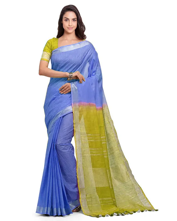 Neon_Blue_&_Pear_Green_women's_Bhagalpuri_Handloom_Linen_Cotton_Blend_Two_Dye_Saree_With_Running_Unstitched_Blouse_Piece