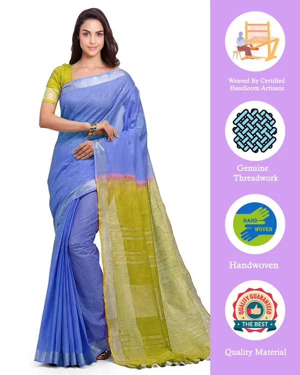 Neon_Blue_&_Pear_Green_women's_Bhagalpuri_Handloom_Linen_Cotton_Blend_Two_Dye_Saree_With_Running_Unstitched_Blouse_Piece